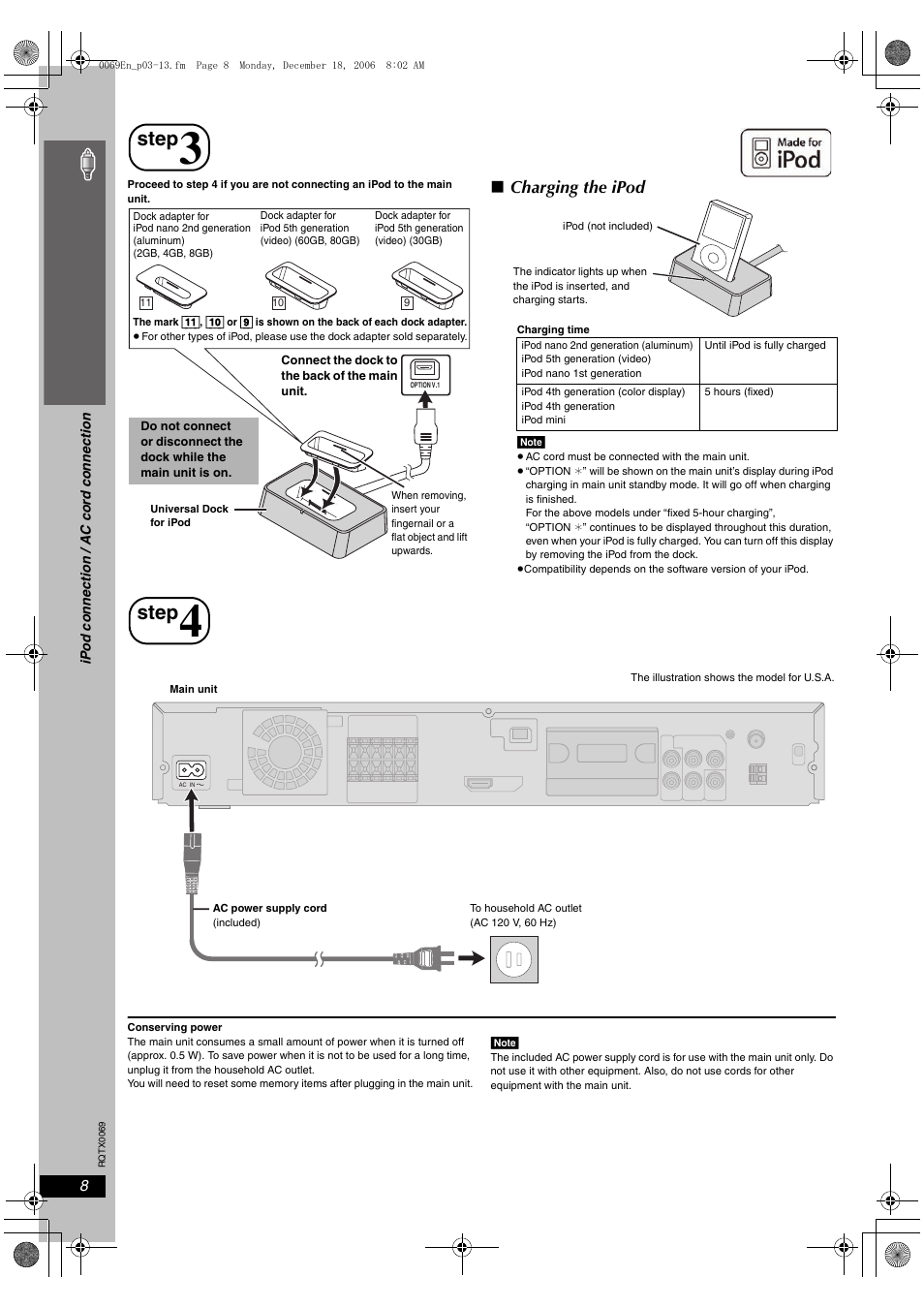 Step 3, Step 4, Step | Ipod connection, Ac cord connection, Charging the ipod | Panasonic SC-PT650 User Manual | Page 8 / 40