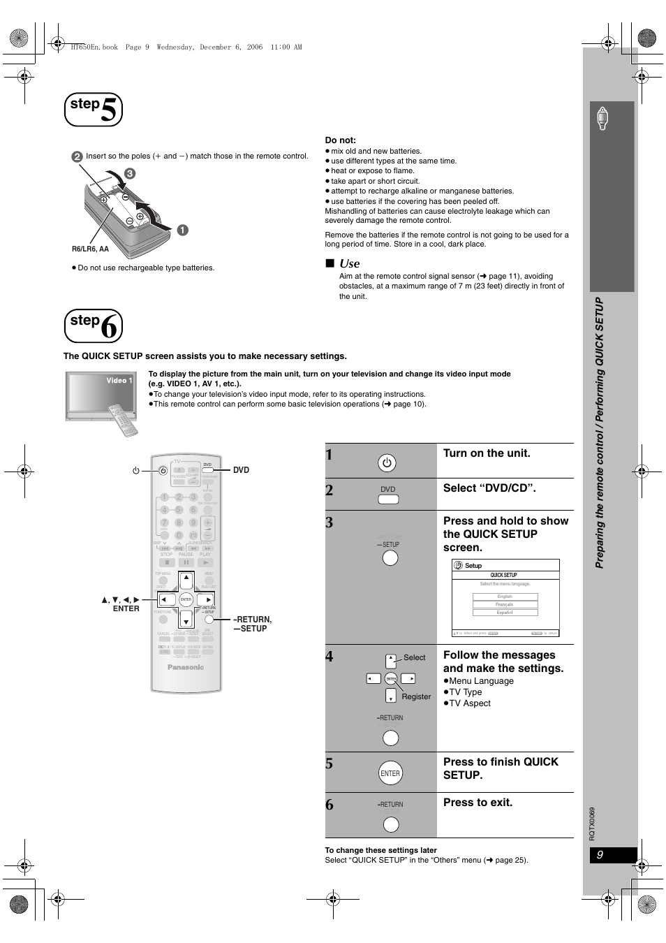 Step 5, Step 6, Step | Preparing the remote control, Performing quick setup, Si mp le s etu p, Turn on the unit, Select “dvd/cd, Press and hold to show the quick setup screen, Follow the messages and make the settings | Panasonic SC-PT650 User Manual | Page 9 / 40