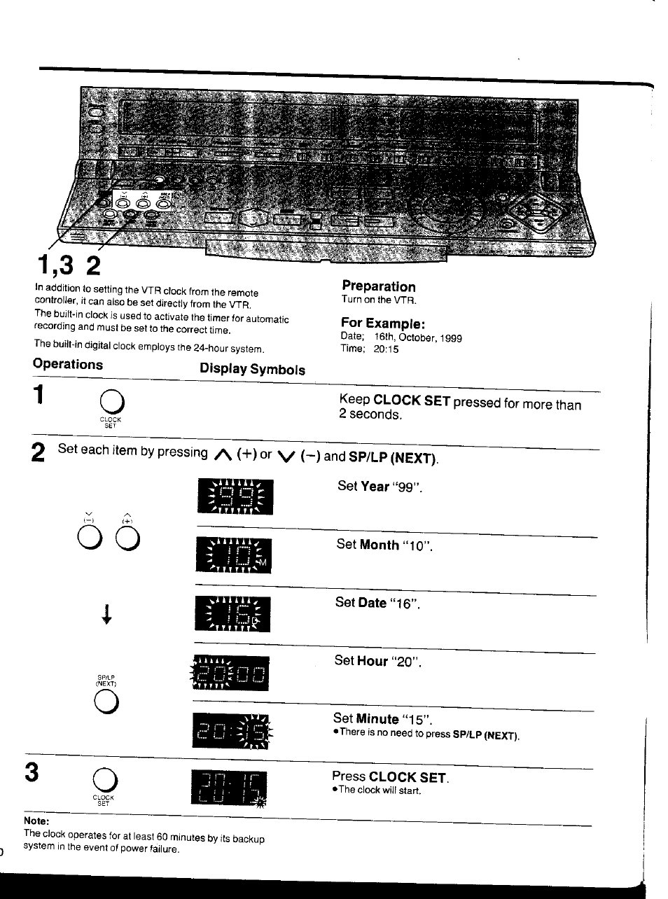 Operations display symbols, Set month “10, Set date “16 | Press clock set, Note | Panasonic NV-HS1000EC User Manual | Page 10 / 62