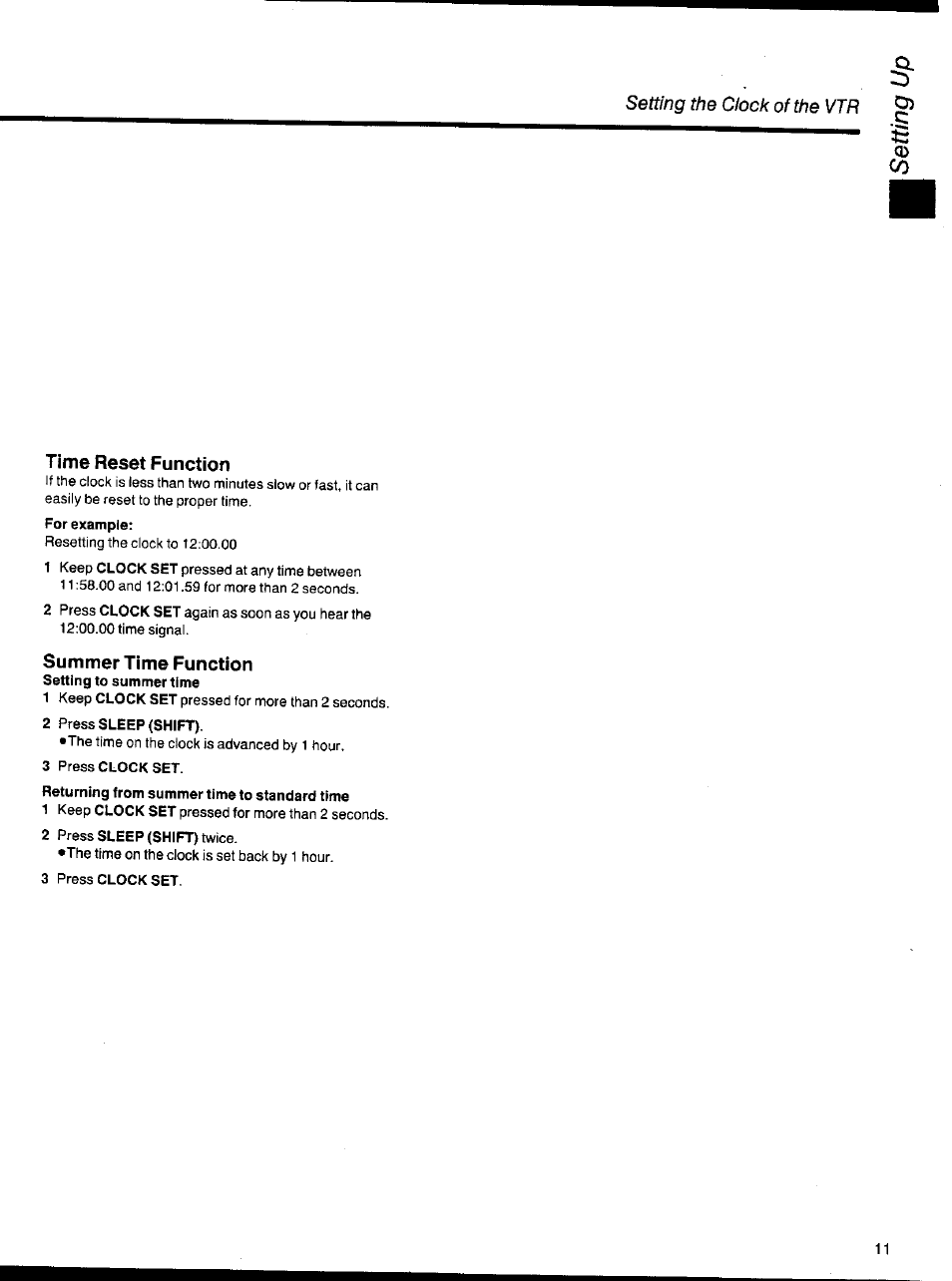 Time reset function, Summer time function, 3 press clock set | Panasonic NV-HS1000EC User Manual | Page 11 / 62
