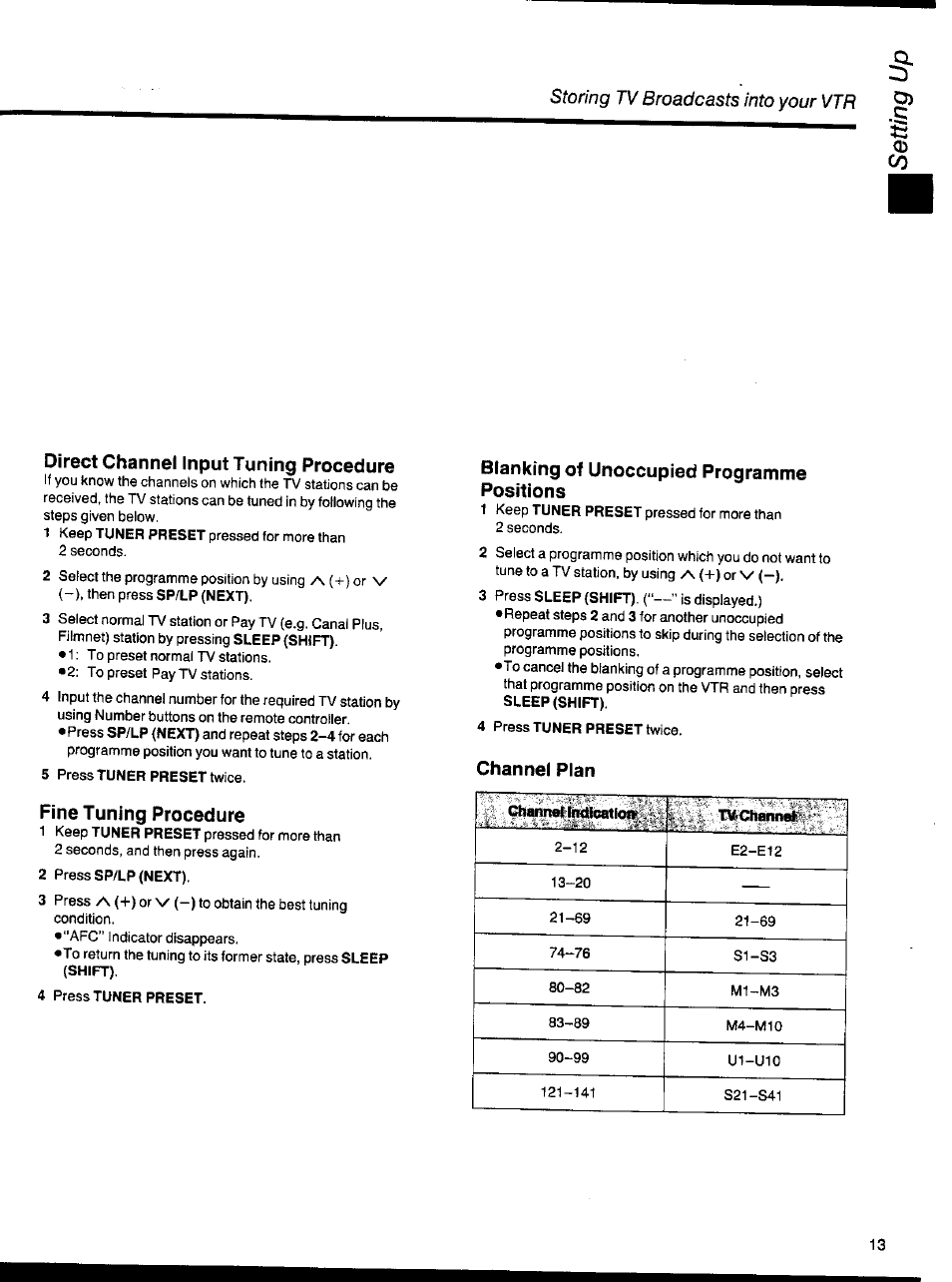 Direct channel input tuning procedure, Fine tuning procedure, Blanking of unoccupied programme positions | Channel plan | Panasonic NV-HS1000EC User Manual | Page 13 / 62