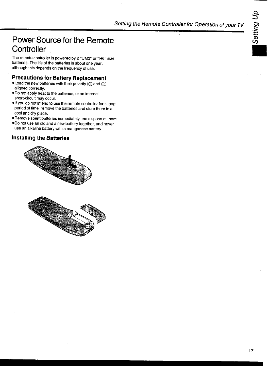 Precautions for battery replacement, Installing the batteries, Power source for the remote controller | Panasonic NV-HS1000EC User Manual | Page 17 / 62