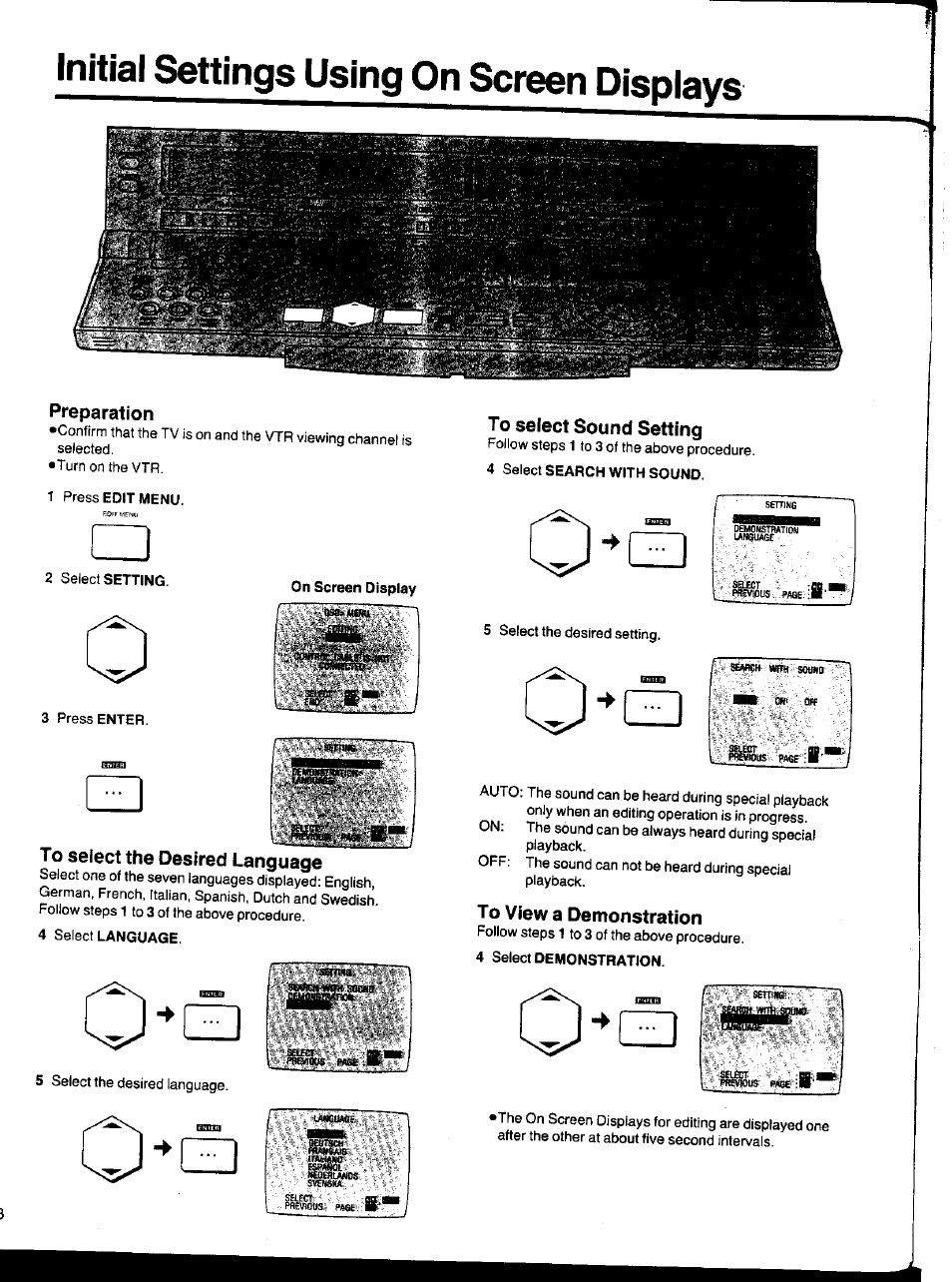Preparation, To select the desired language, To select sound setting | To view a demonstration, Initial settings using on screen displays | Panasonic NV-HS1000EC User Manual | Page 18 / 62