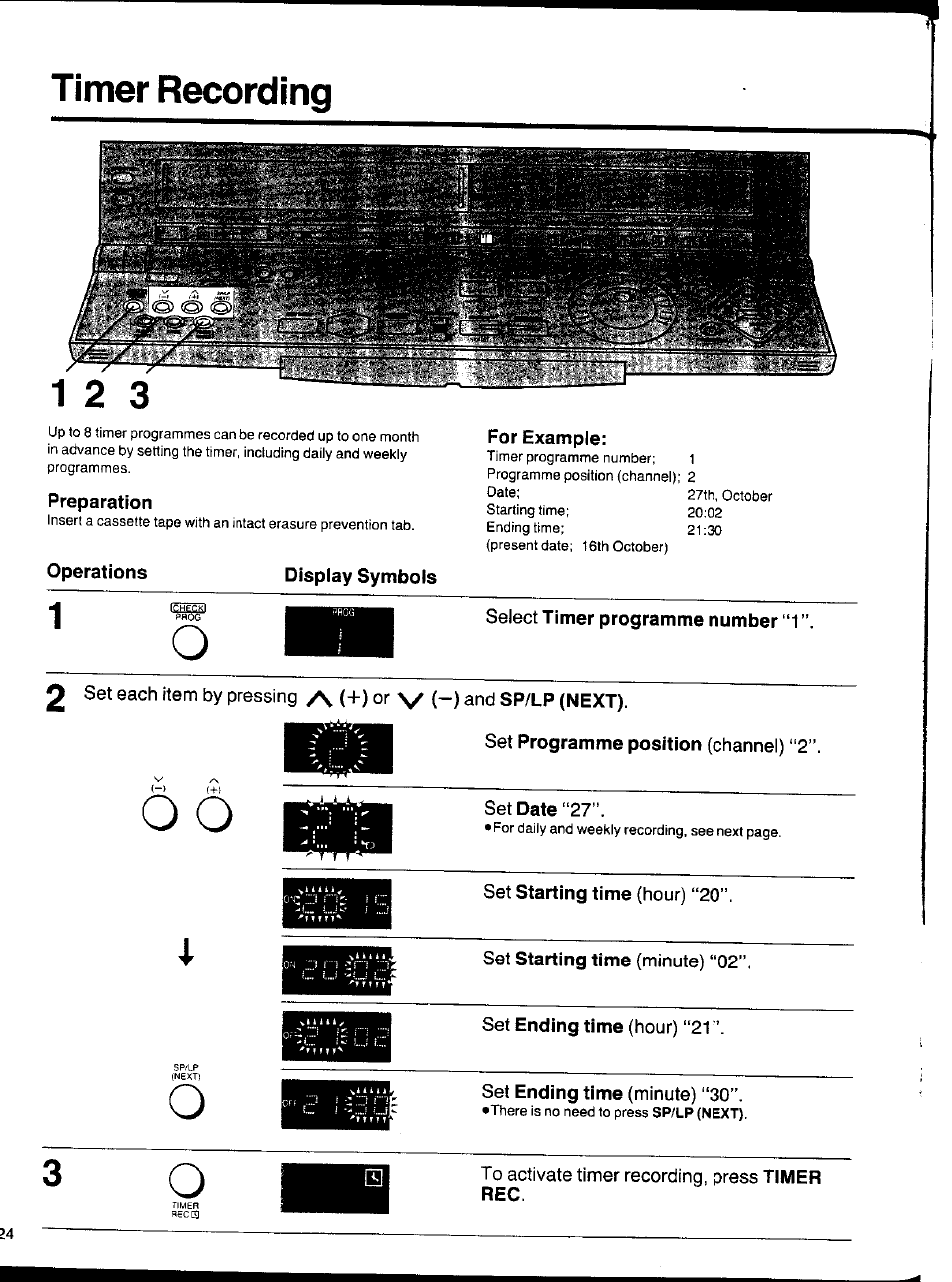 Preparation, Operations, Display symbols | Select timer programme number “1, And sp/lp (next), Timer recording | Panasonic NV-HS1000EC User Manual | Page 24 / 62