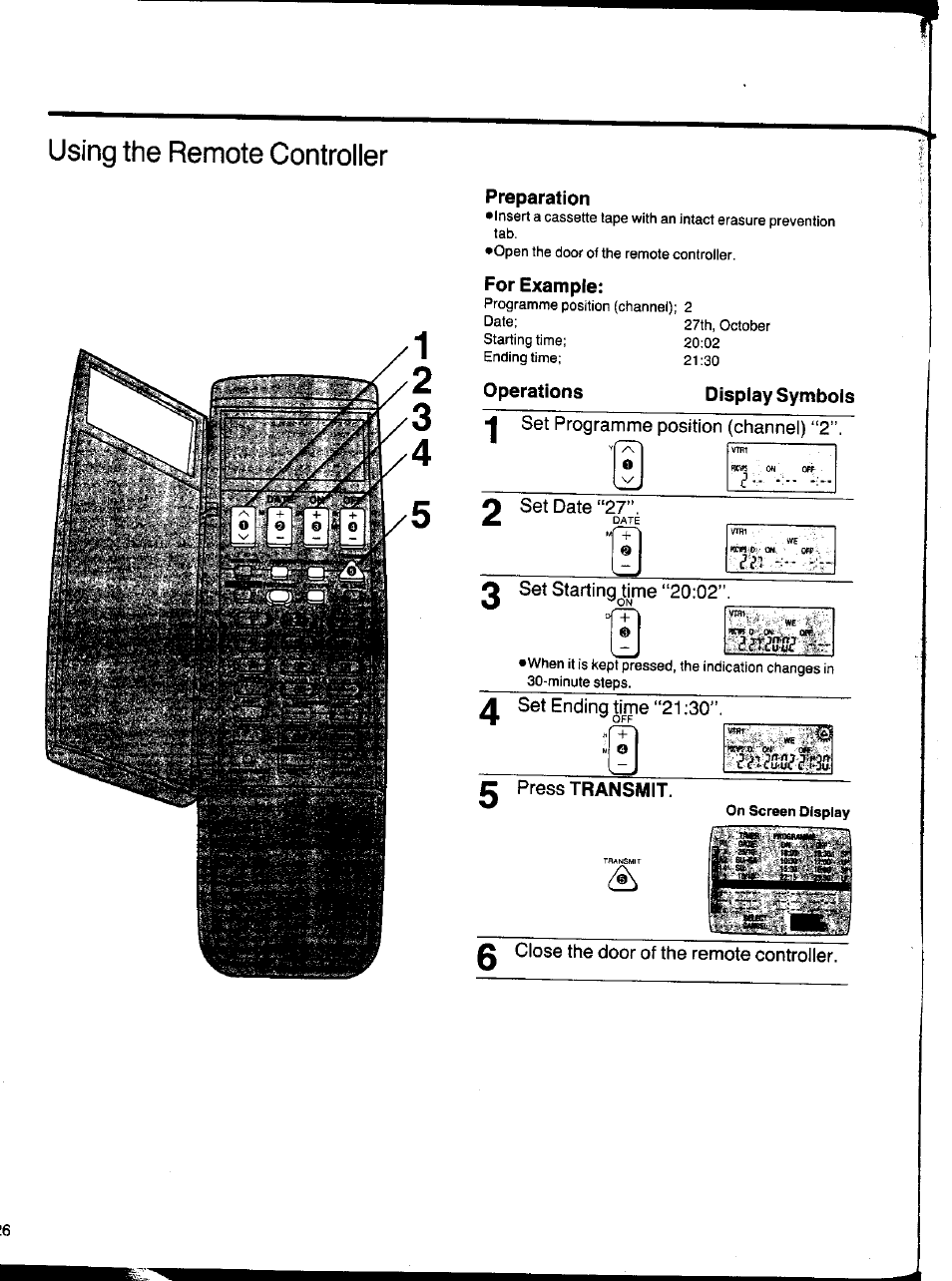 Preparation, For example, Display symbols | Press transmit, Using the remote controller | Panasonic NV-HS1000EC User Manual | Page 26 / 62