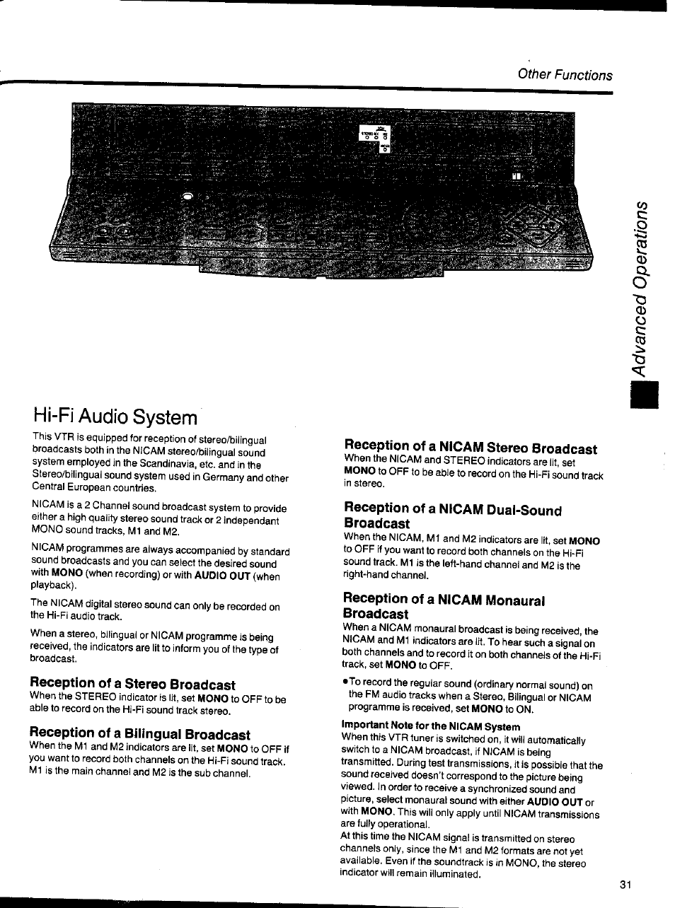 Reception of a stereo broadcast, Reception of a bilingual broadcast, Reception of a nicam stereo broadcast | Reception of a nicam dual-sound broadcast, Reception of a nicam monaural broadcast, Hi-fi audio system | Panasonic NV-HS1000EC User Manual | Page 31 / 62