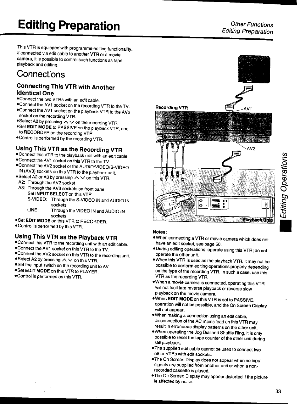 Connecting this vtr with another identical one, Using this vtr as the recording vtr, Using this vtr as the playback vtr | Editing preparation, Connections | Panasonic NV-HS1000EC User Manual | Page 33 / 62