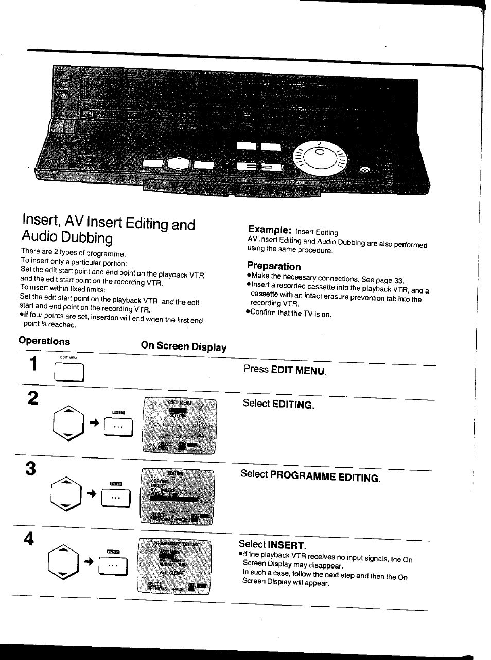 On screen display, Preparation, Press edit menu | Select editing, Select programme editing, Select insert, Insert, av insert editing and audio dubbing | Panasonic NV-HS1000EC User Manual | Page 44 / 62