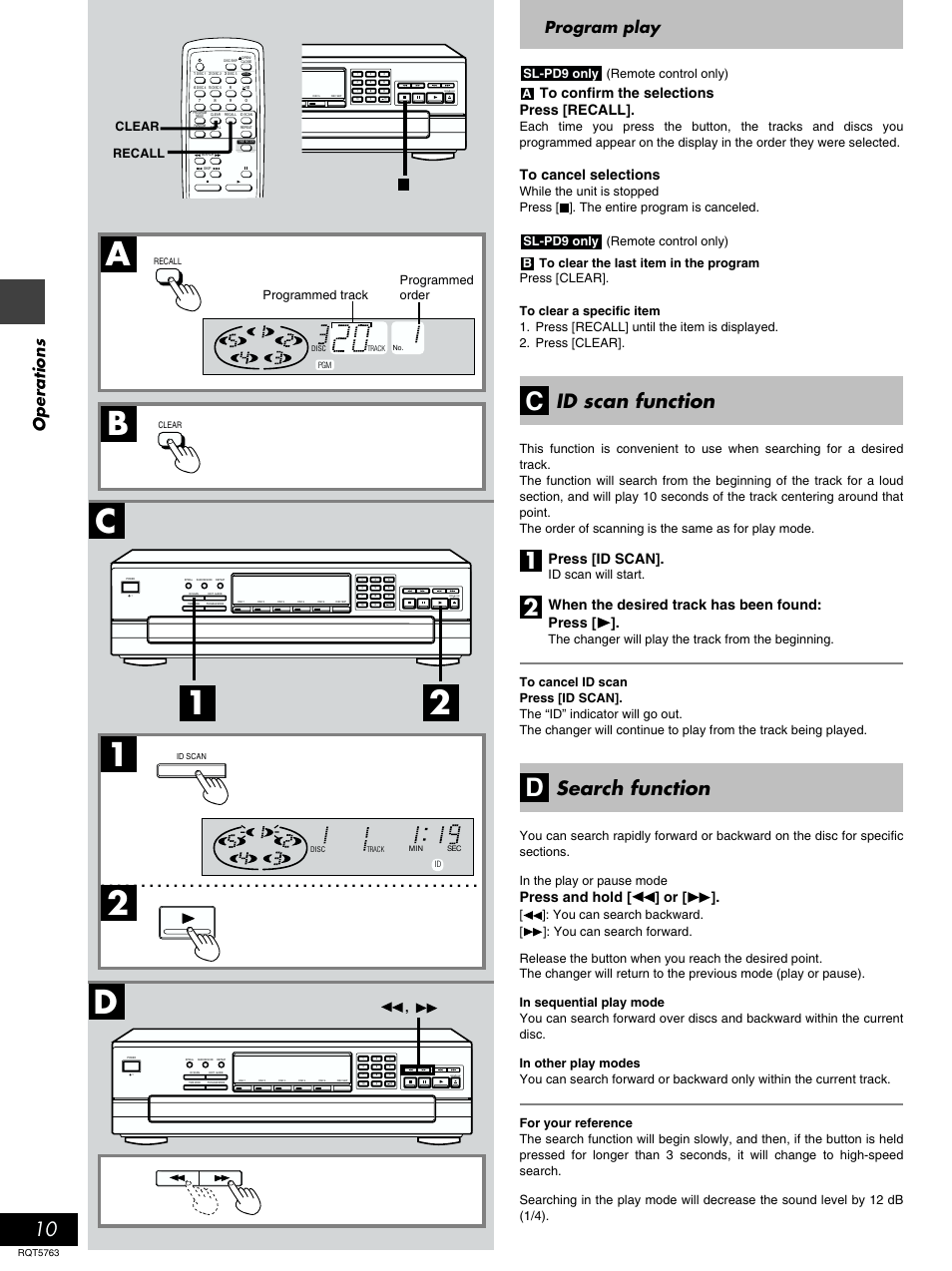 Id scan function, Search function, 1a b 2 d c | Operations, Program play, Press [id scan, When the desired track has been found: press, Press and hold [ ] or, Sl-pd9 only (remote control only) a, Id scan will start | Panasonic SL-PD9 User Manual | Page 10 / 16