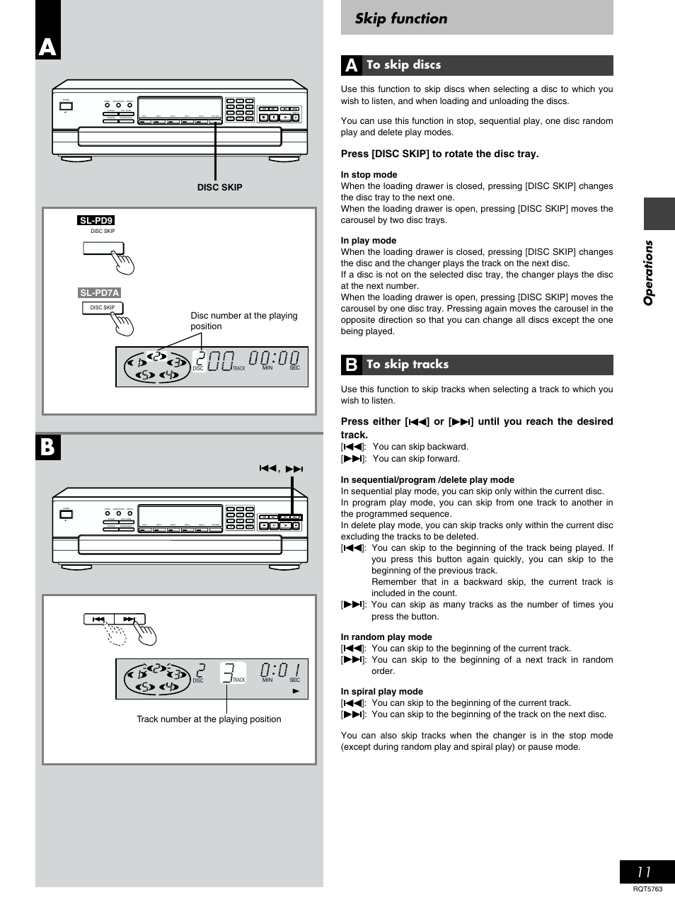 Skip function, Operations, Press [disc skip] to rotate the disc tray | Disc number at the playing position, Track number at the playing position, Disc skip, Sl-pd9 , sl-pd7a | Panasonic SL-PD9 User Manual | Page 11 / 16