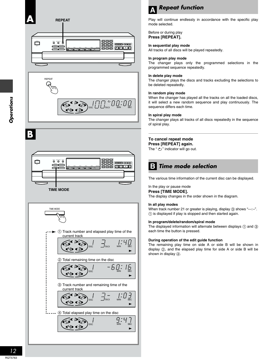 Repeat function, Time mode selection, Operations | Press [repeat, Press [time mode, The “ ” indicator will go out, Repeat time mode | Panasonic SL-PD9 User Manual | Page 12 / 16
