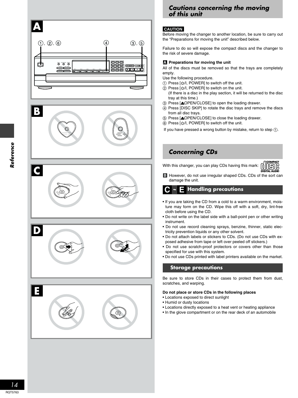 Reference, Cautions concerning the moving of this unit, Concerning cds | Ad e c b, Handling precautions, Storage precautions | Panasonic SL-PD9 User Manual | Page 14 / 16