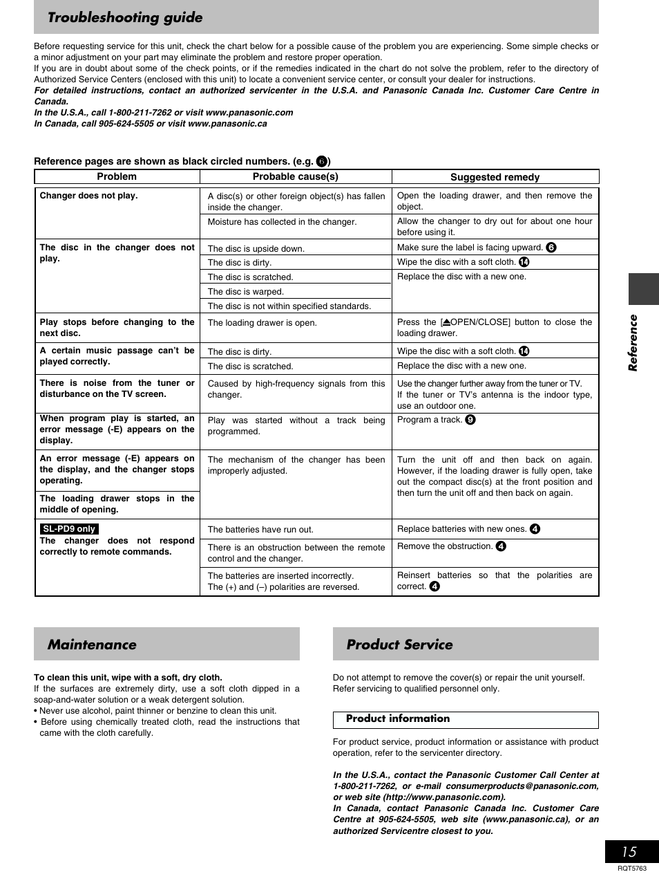 Troubleshooting guide, Maintenance, Product service | Panasonic SL-PD9 User Manual | Page 15 / 16