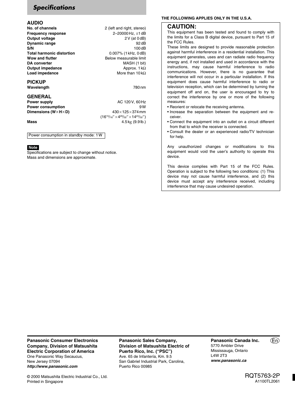Specifications, Caution, Audio | Pickup, General | Panasonic SL-PD9 User Manual | Page 16 / 16
