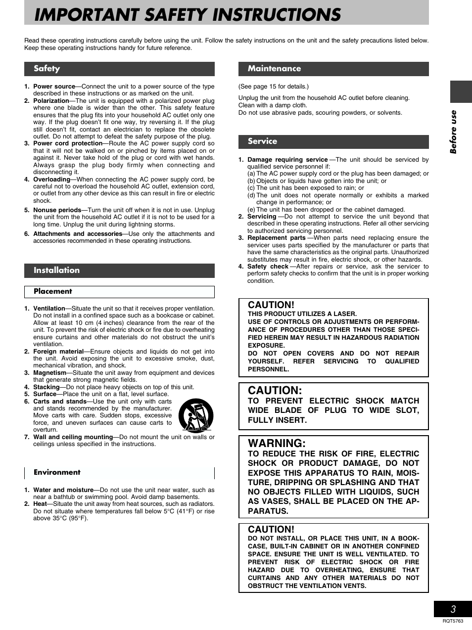 Before use, Important safety instructions, Warning | Caution | Panasonic SL-PD9 User Manual | Page 3 / 16