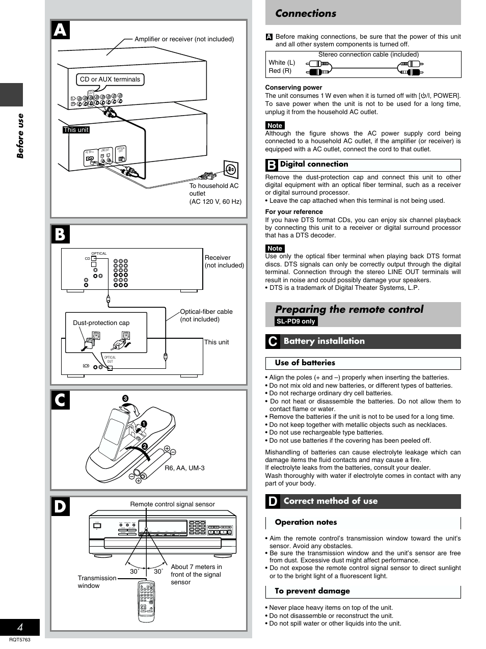 Connections, Preparing the remote control (sl-pd9 only), Ab c d | Bc d, Preparing the remote control, Before use, Battery installation, Correct method of use | Panasonic SL-PD9 User Manual | Page 4 / 16