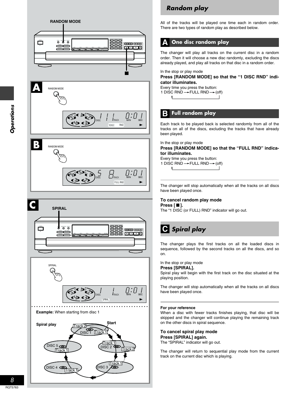 Random play, Spiral play, Ab c | Operations, One disc random play, Full random play, Press [spiral, The “1 disc (or full) rnd” indicator will go out, Track 1 | Panasonic SL-PD9 User Manual | Page 8 / 16