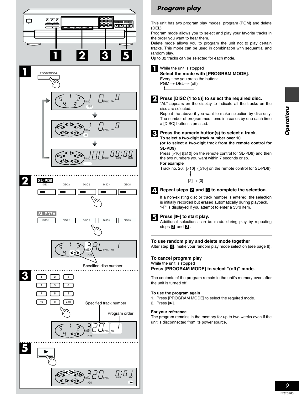 Program play, Operations, Select the mode with [program mode | Press [disc (1 to 5)] to select the required disc, Press the numeric button(s) to select a track, Repeat steps, Press [ ] to start play, Press [program mode] to select “(off)” mode | Panasonic SL-PD9 User Manual | Page 9 / 16