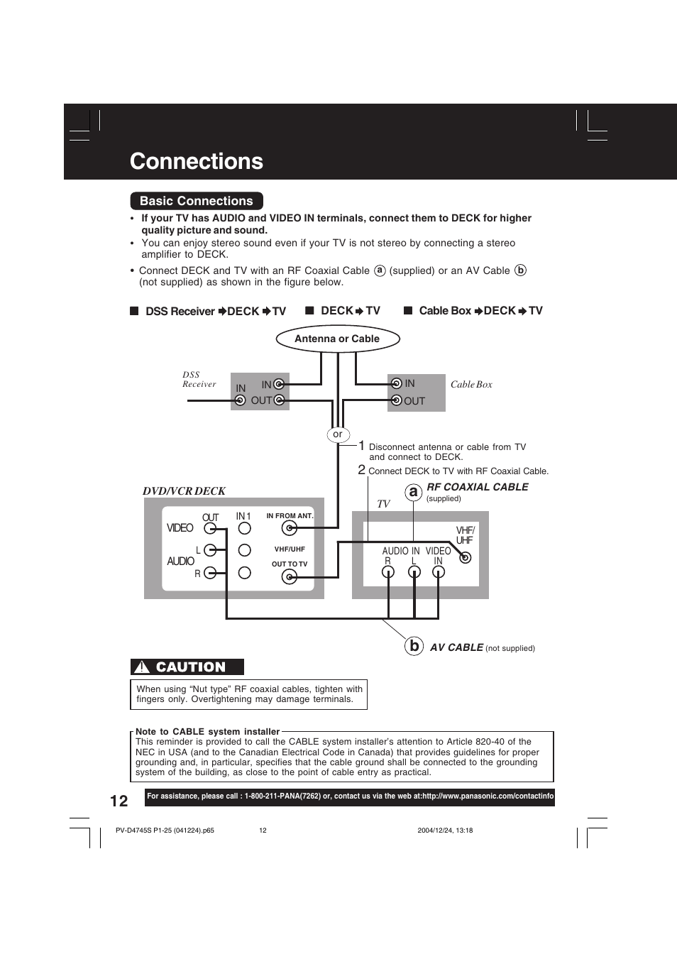 Dvd / vcr - connections, Connections | Panasonic PV-D4745S User Manual | Page 12 / 72