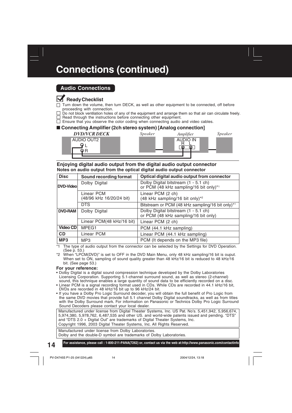 Connections (continued), Audio connections | Panasonic PV-D4745S User Manual | Page 14 / 72