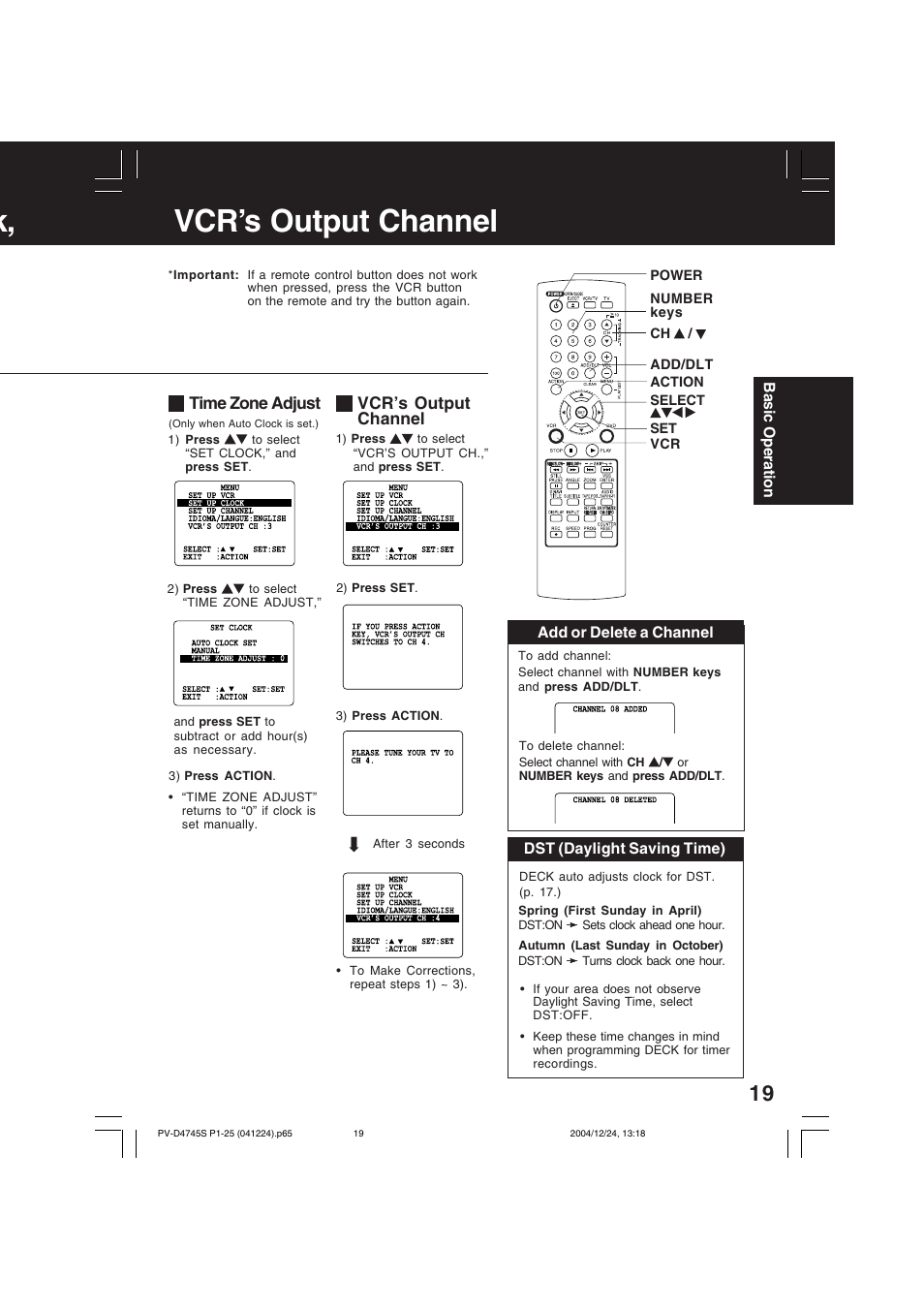 K, vcr’s output channel, Time zone adjust, Vcr’s output channel | Panasonic PV-D4745S User Manual | Page 19 / 72