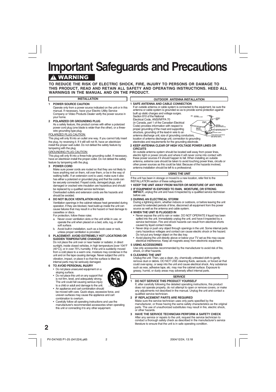 Initial setup (connection), Dvd / vcr - important safeguards and precautions, Important safeguards and precautions | Panasonic PV-D4745S User Manual | Page 2 / 72