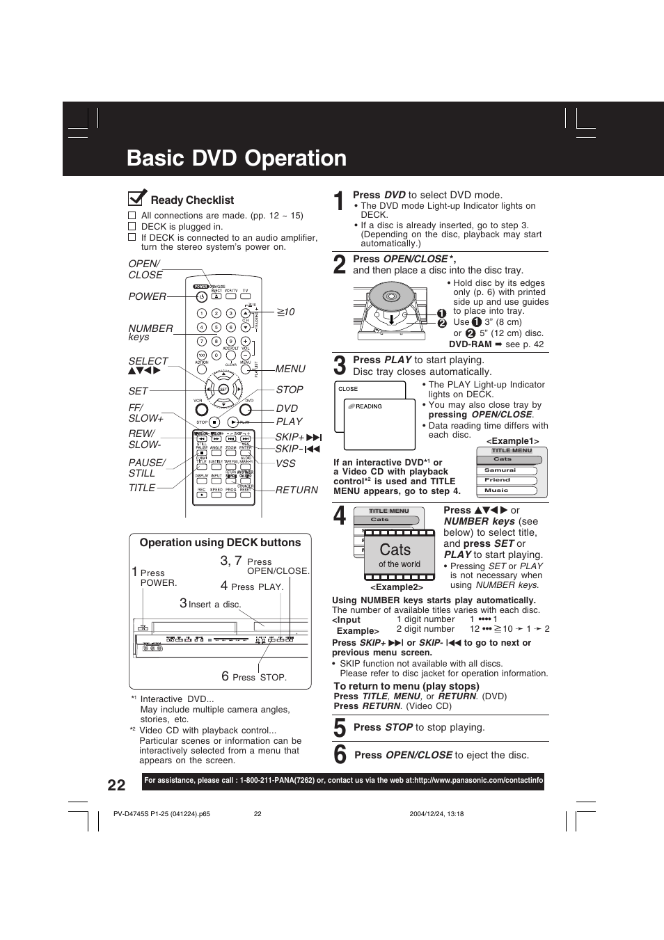 Basic dvd operation | Panasonic PV-D4745S User Manual | Page 22 / 72