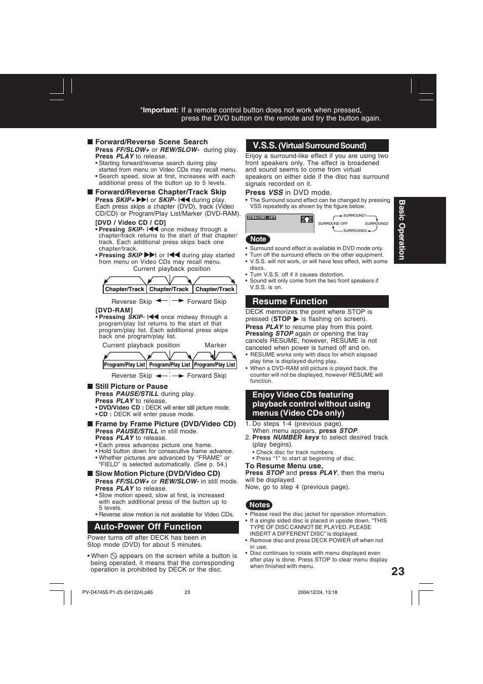 V.s.s, Auto-power off function, Resume function | Virtual surround sound), Basic operation | Panasonic PV-D4745S User Manual | Page 23 / 72