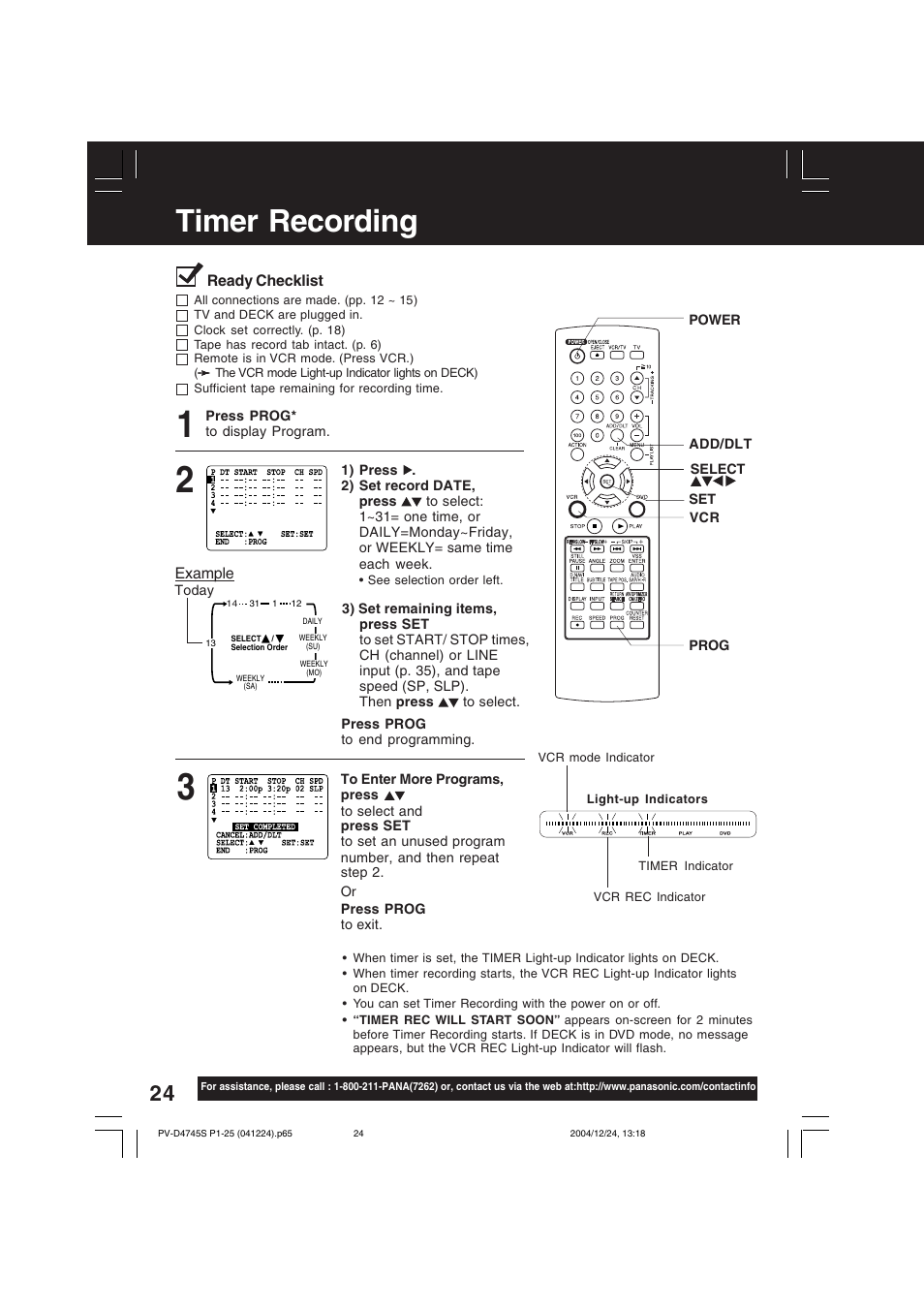 Vcr operation, Timer recording | Panasonic PV-D4745S User Manual | Page 24 / 72