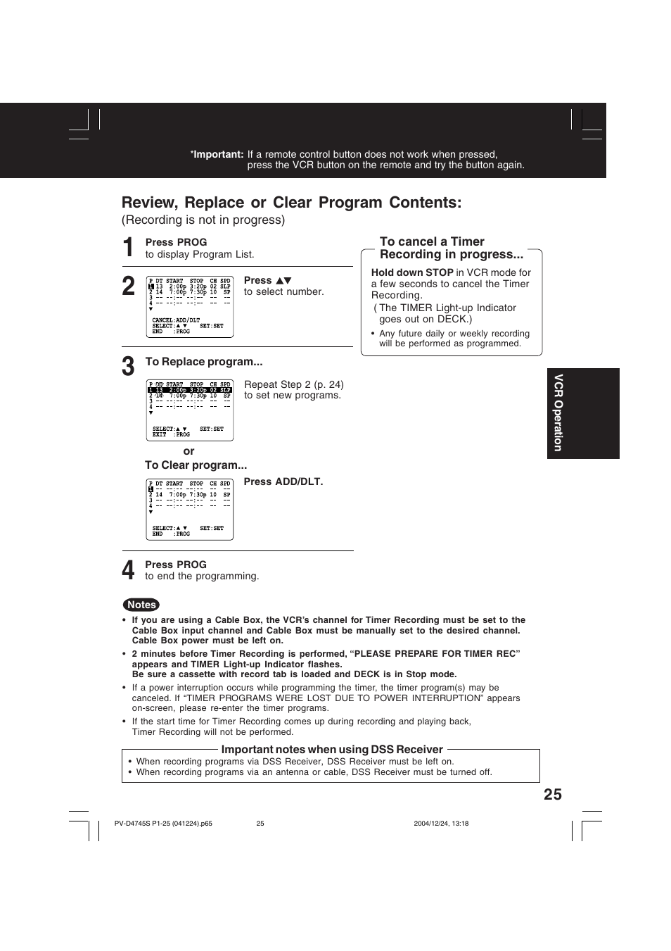 Review, replace or clear program contents | Panasonic PV-D4745S User Manual | Page 25 / 72