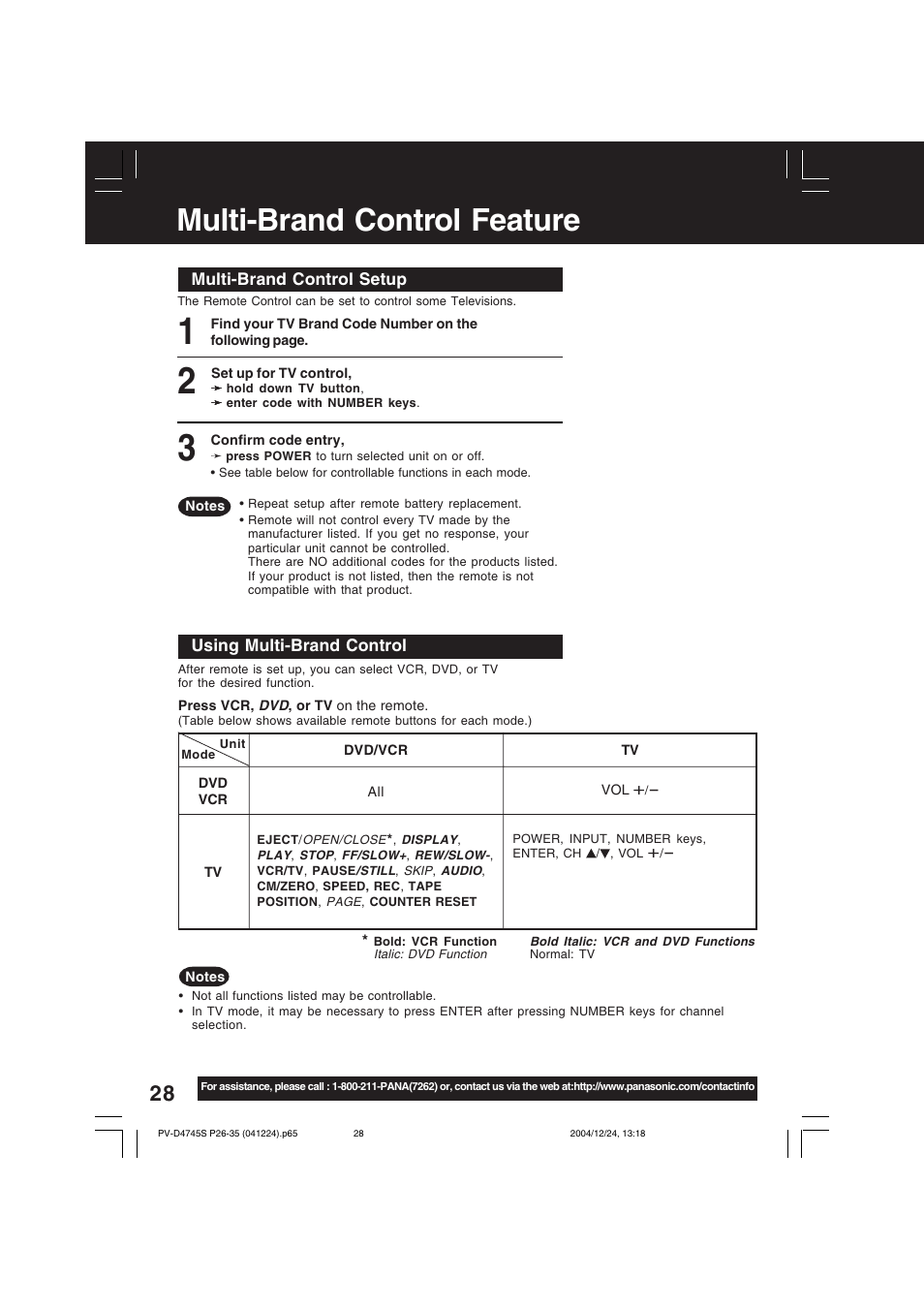 Multi-brand control feature | Panasonic PV-D4745S User Manual | Page 28 / 72