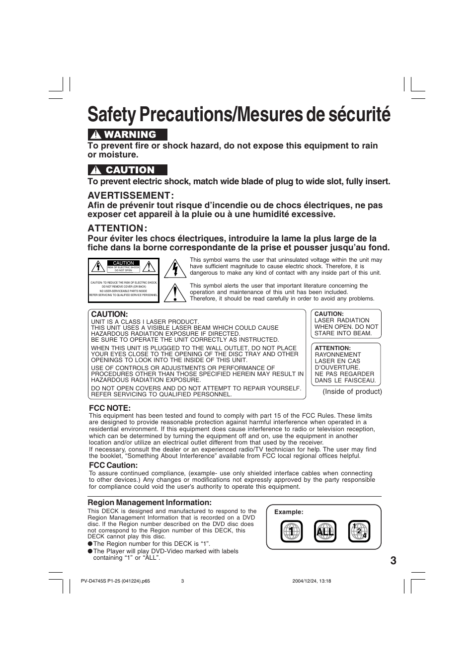 Safety precautions/mesures de sécurité, Avertissement, Attention | Panasonic PV-D4745S User Manual | Page 3 / 72