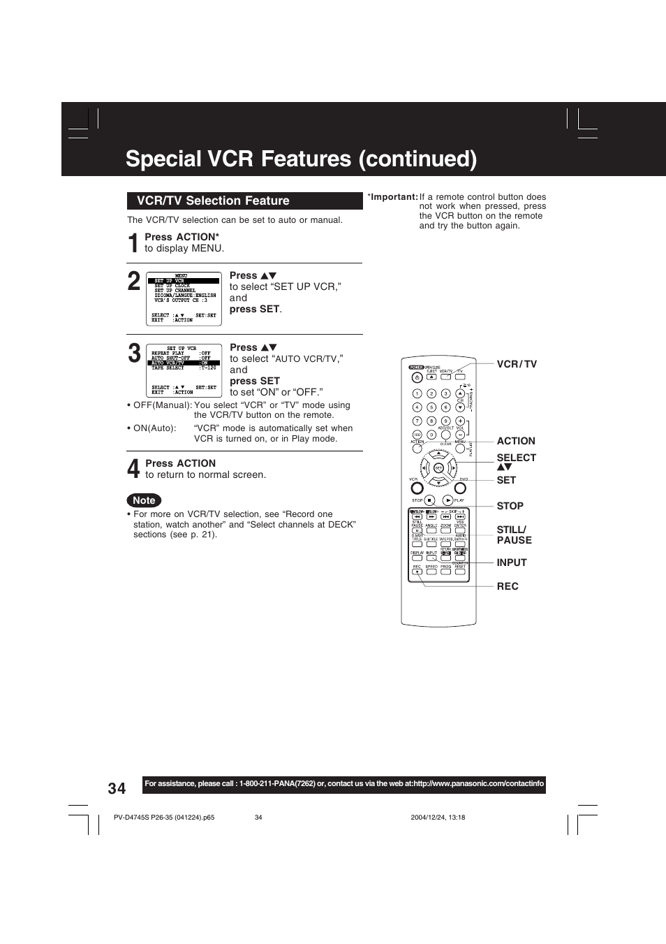 Special vcr features (continued) | Panasonic PV-D4745S User Manual | Page 34 / 72