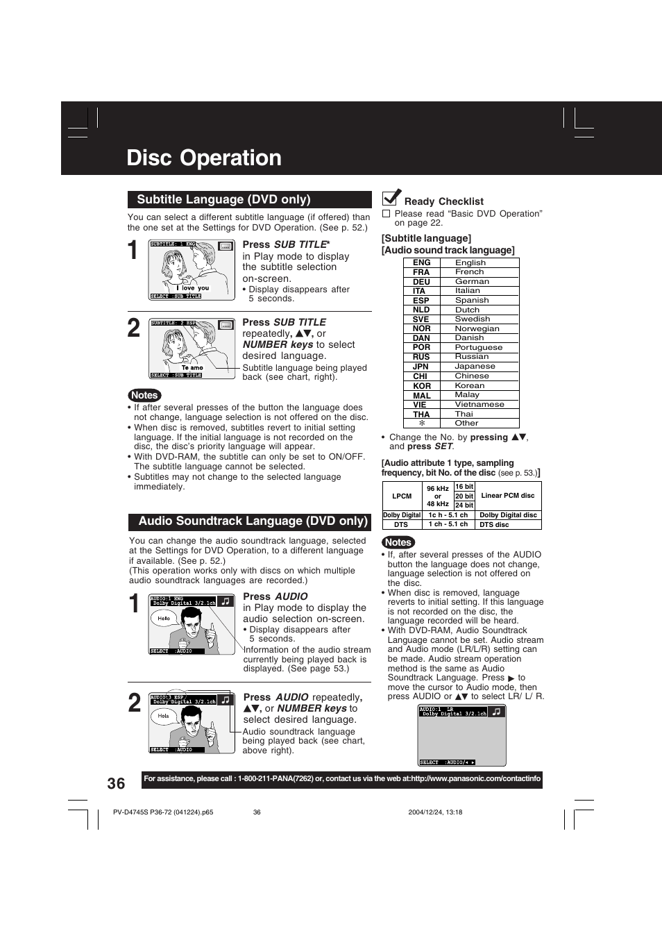 Dvd operation, Disc operation | Panasonic PV-D4745S User Manual | Page 36 / 72