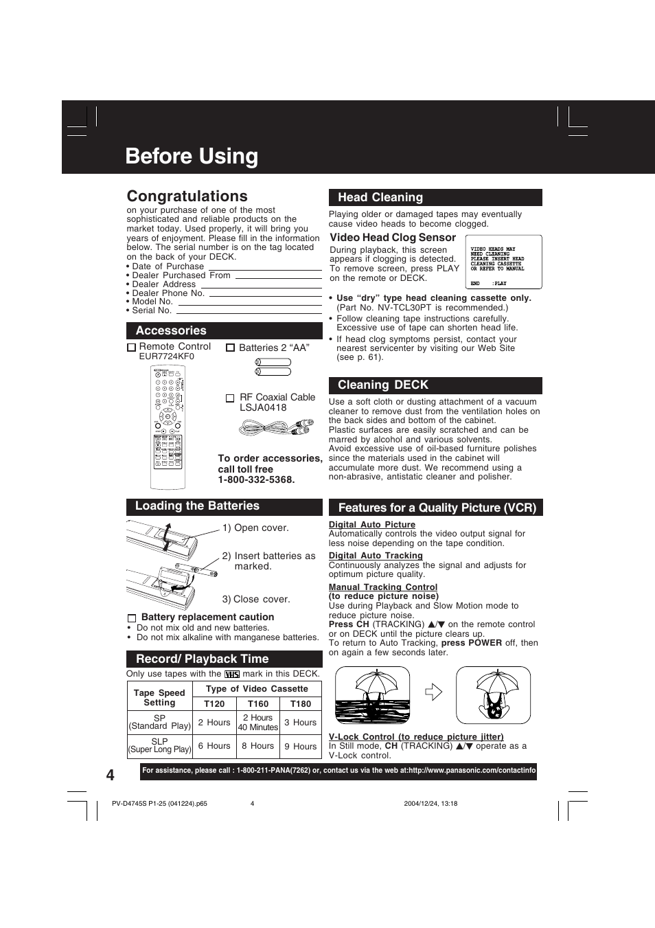 Dvd / vcr - before using, Before using, Record/ playback time | Accessories, Head cleaning, Features for a quality picture (vcr) cleaning deck, Loading the batteries, Video head clog sensor | Panasonic PV-D4745S User Manual | Page 4 / 72