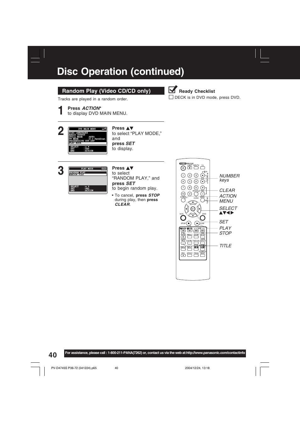 Disc operation (continued) | Panasonic PV-D4745S User Manual | Page 40 / 72