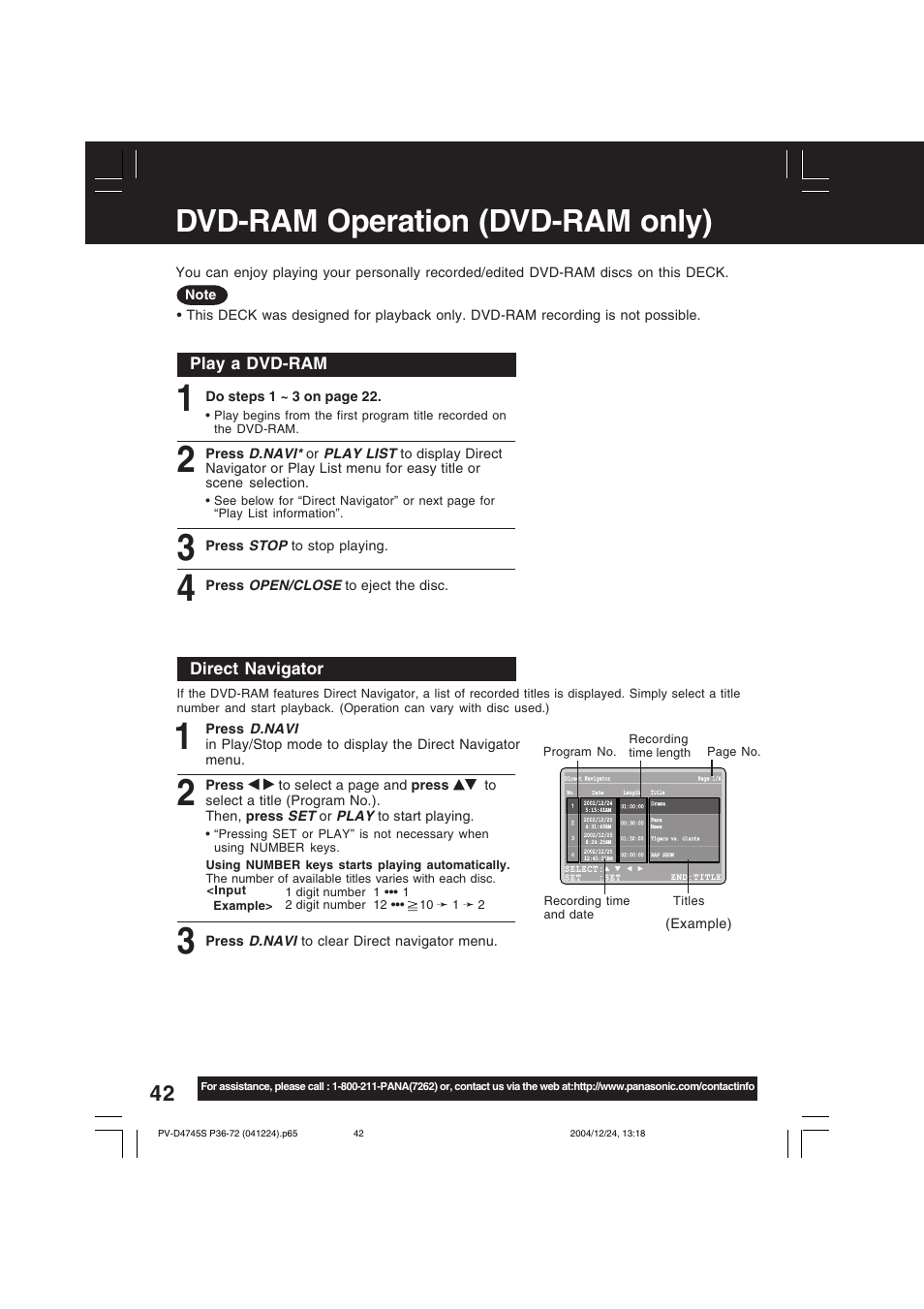 Dvd-ram operation (dvd-ram only) | Panasonic PV-D4745S User Manual | Page 42 / 72