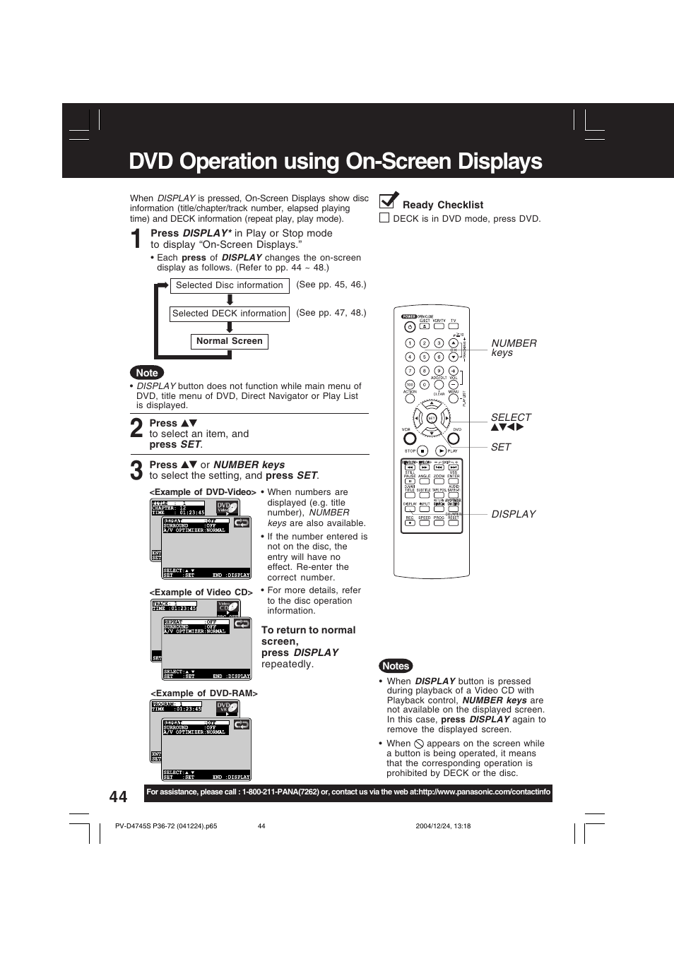 Dvd operation using on-screen displays | Panasonic PV-D4745S User Manual | Page 44 / 72