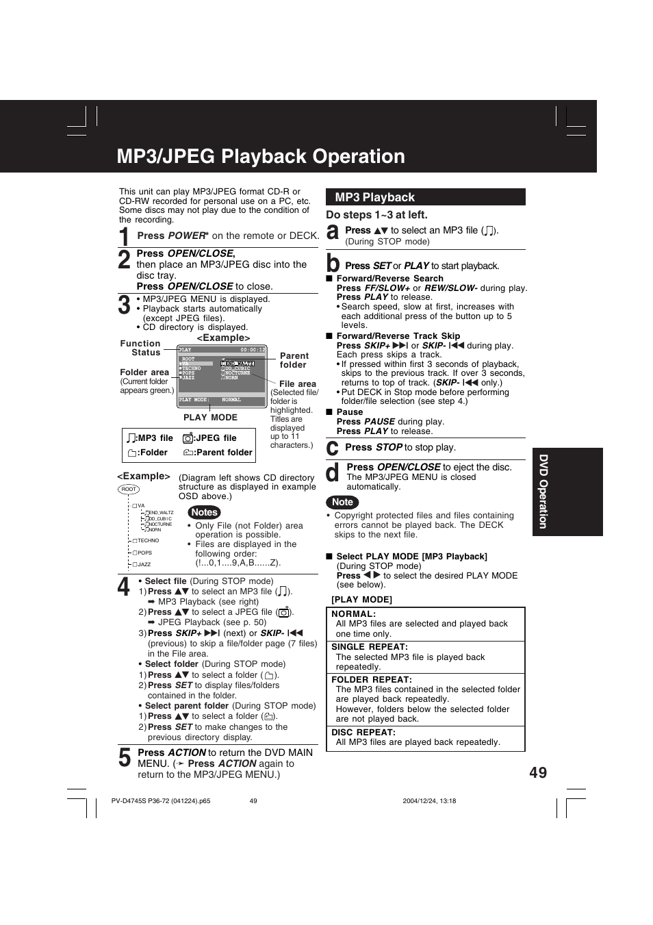 Mp3 / jpeg playback operation, A b c d, Mp3/jpeg playback operation | Panasonic PV-D4745S User Manual | Page 49 / 72