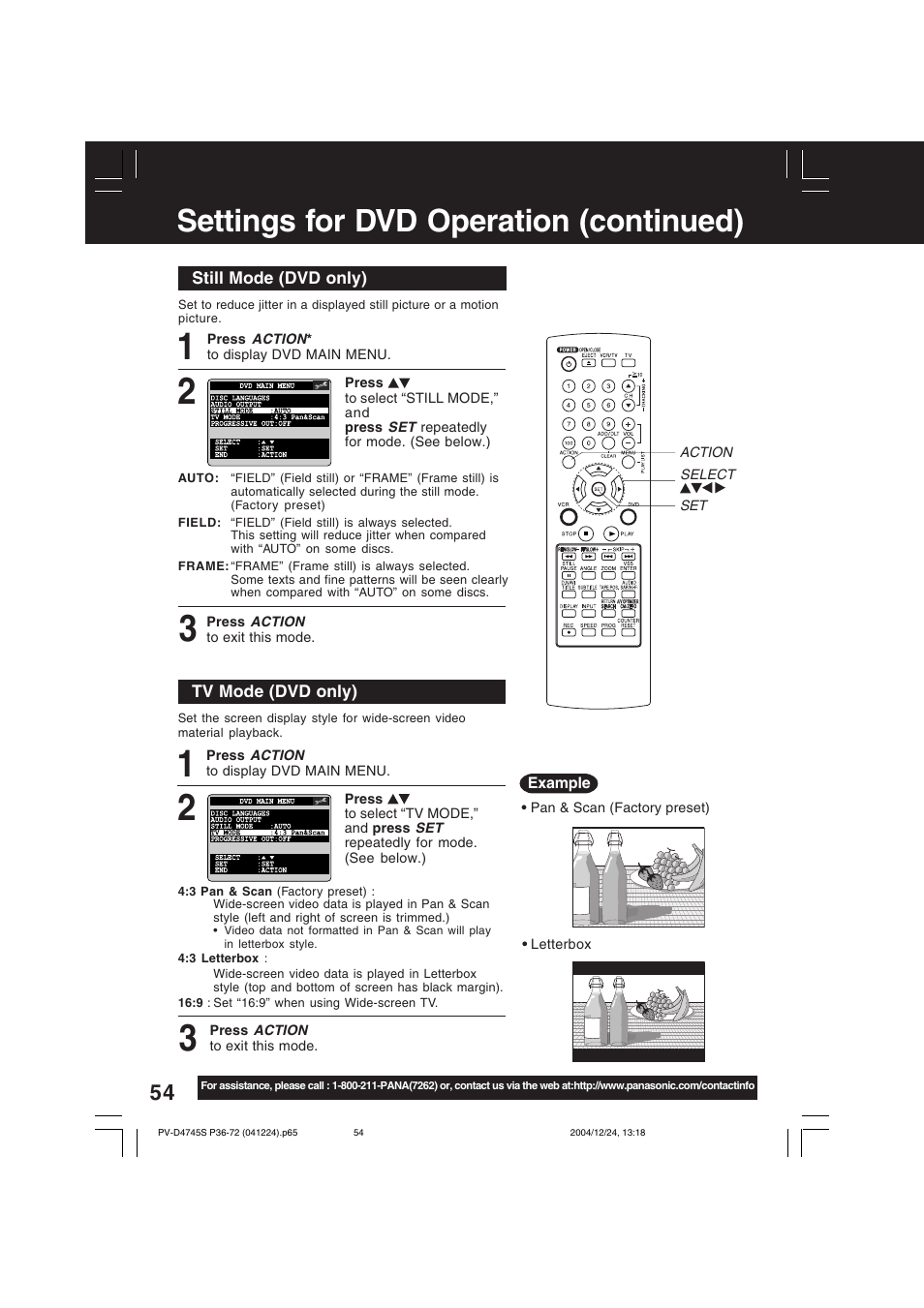 Settings for dvd operation (continued) | Panasonic PV-D4745S User Manual | Page 54 / 72