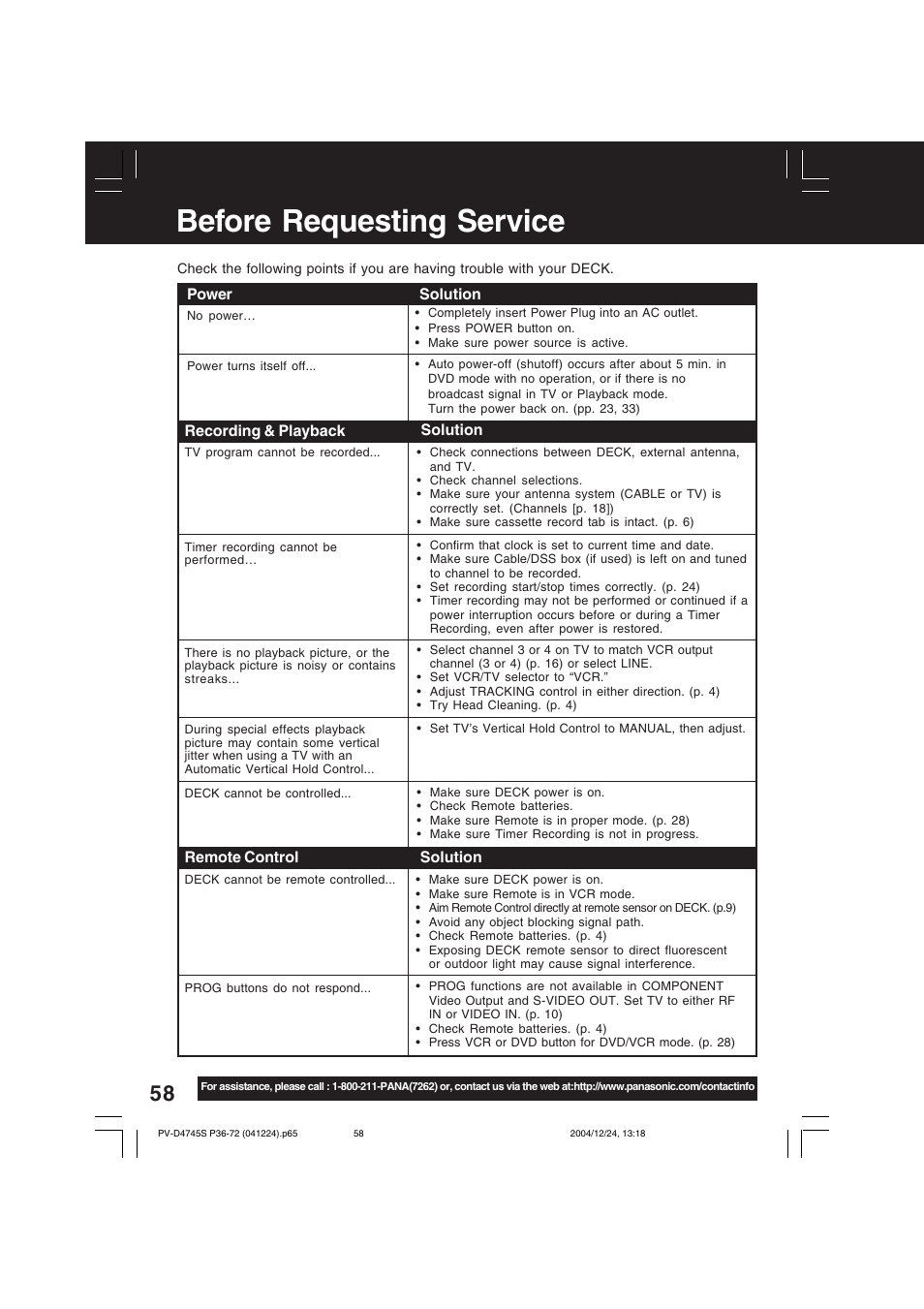 Before requesting service | Panasonic PV-D4745S User Manual | Page 58 / 72