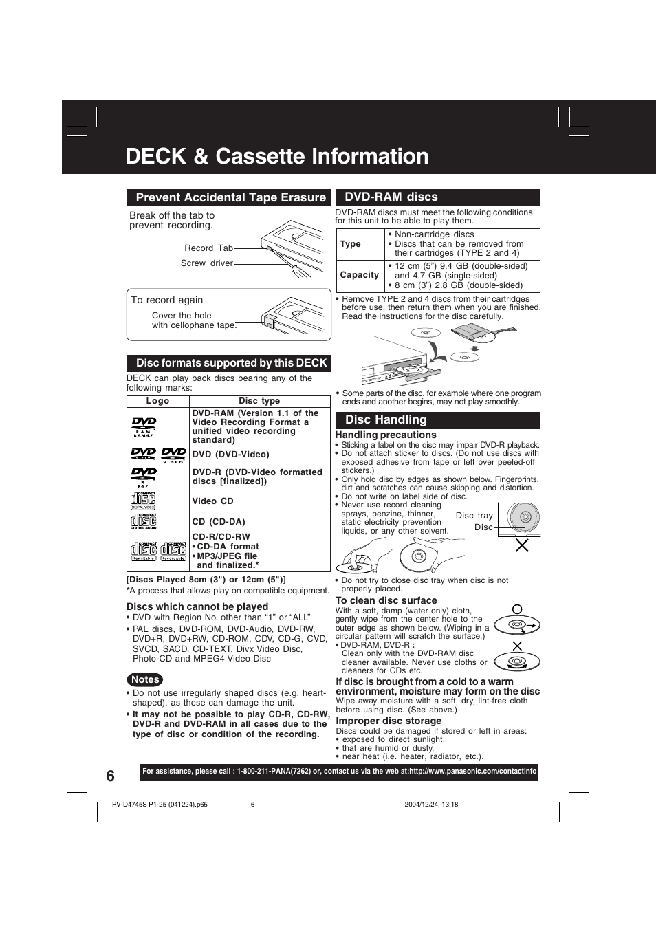 Dvd / vcr - deck & cassette information, Deck & cassette information, Prevent accidental tape erasure | Dvd-ram discs, Disc handling | Panasonic PV-D4745S User Manual | Page 6 / 72