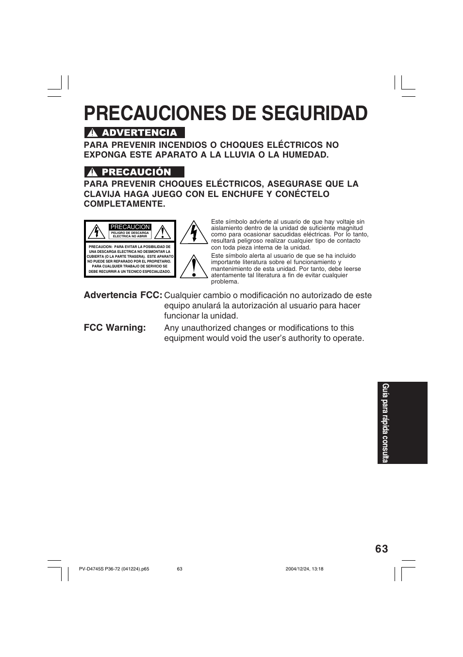 Precauciones de seguridad, Advertencia fcc, Fcc warning | Panasonic PV-D4745S User Manual | Page 63 / 72