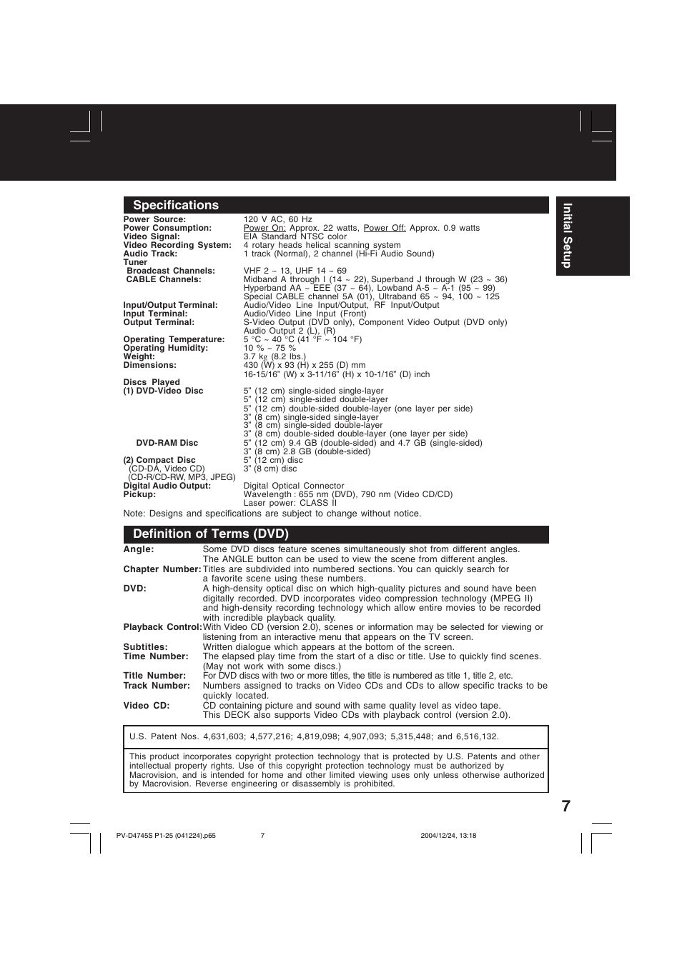 Specifications, Definition of terms (dvd), Initial setup | Panasonic PV-D4745S User Manual | Page 7 / 72