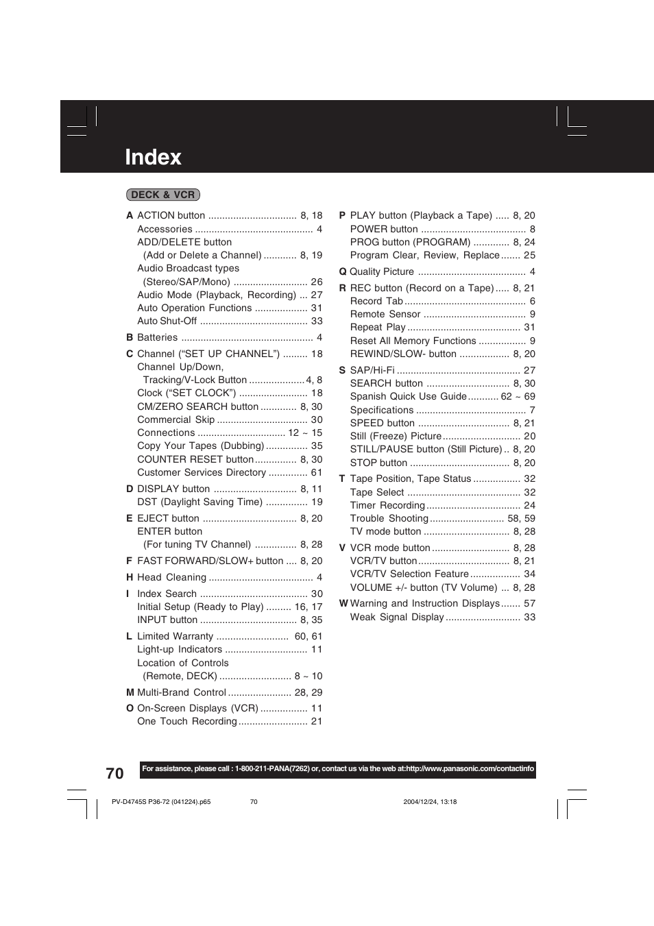 Index | Panasonic PV-D4745S User Manual | Page 70 / 72