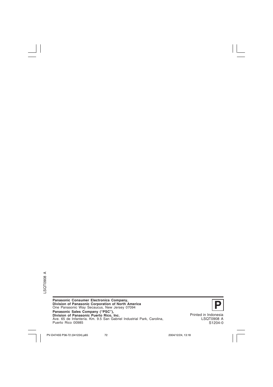 Panasonic PV-D4745S User Manual | Page 72 / 72