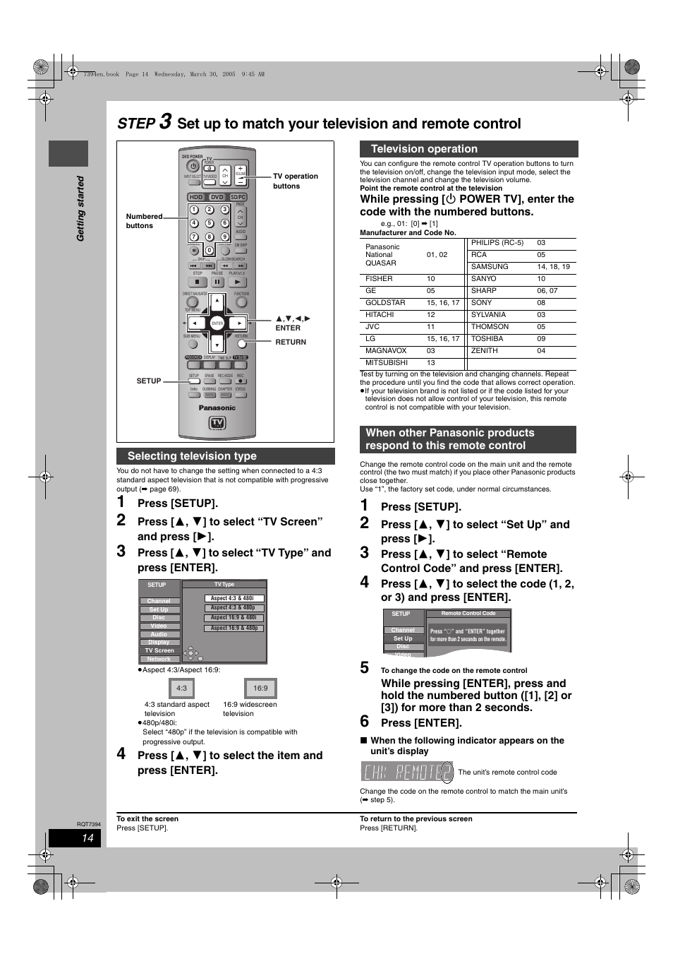 Step, Set up to match your television and remote control, Press [setup | Press [ 3 , 4 ] to select “set up” and press [ 1, Press [enter, Selecting television type, Television operation | Panasonic DMR-E500H User Manual | Page 14 / 84