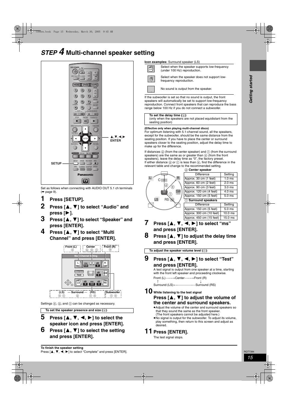 Step 4 multi-channel speaker setting, Step, Multi-channel speaker setting | Press [setup, Press [ 3 , 4 ] to select “audio” and press [ 1, Press [enter | Panasonic DMR-E500H User Manual | Page 15 / 84