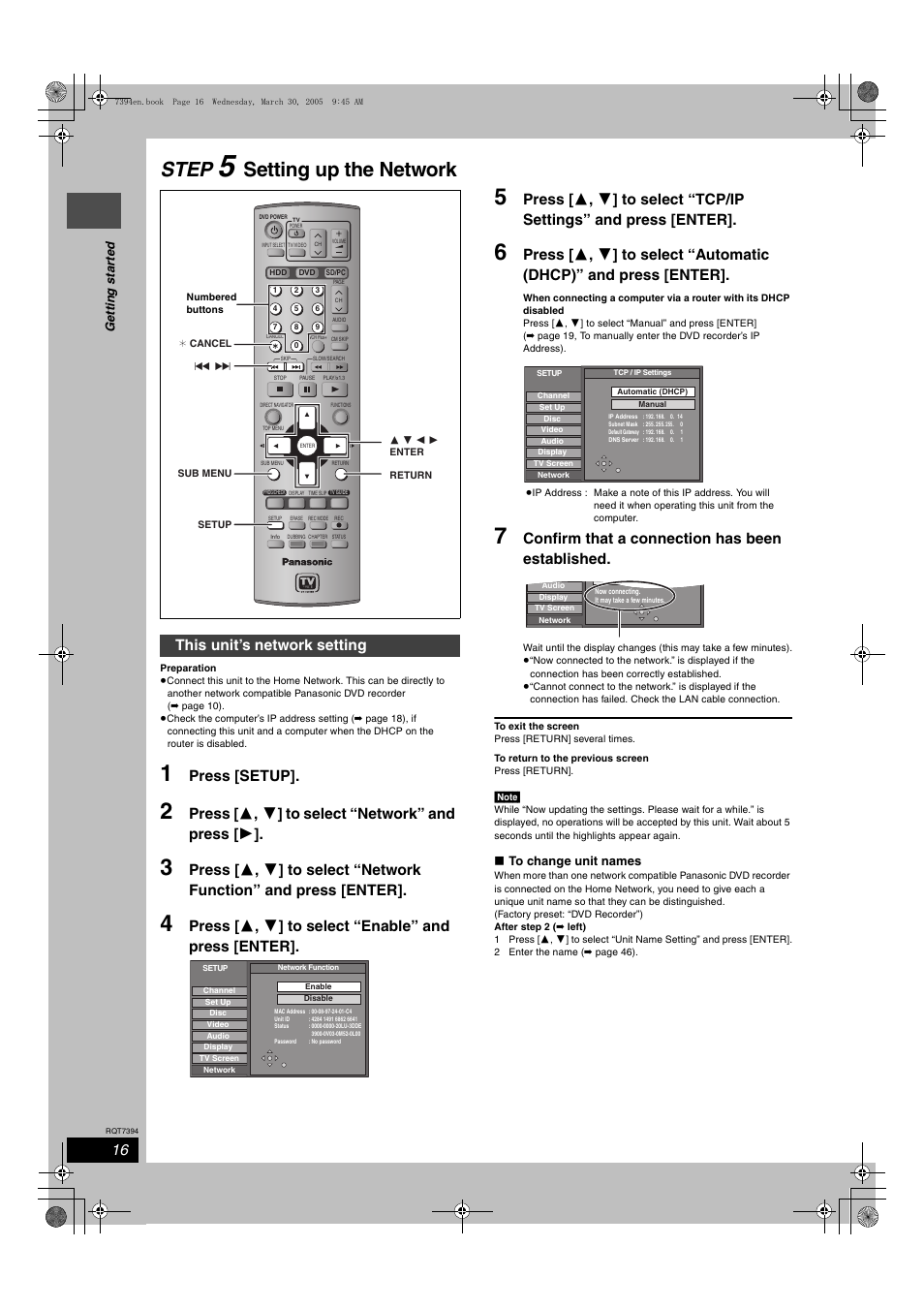 Step 5 setting up the network, This unit's network setting, Step | Setting up the network, Press [setup, Press [ 3 , 4 ] to select “network” and press [ 1, Confirm that a connection has been established, This unit’s network setting | Panasonic DMR-E500H User Manual | Page 16 / 84