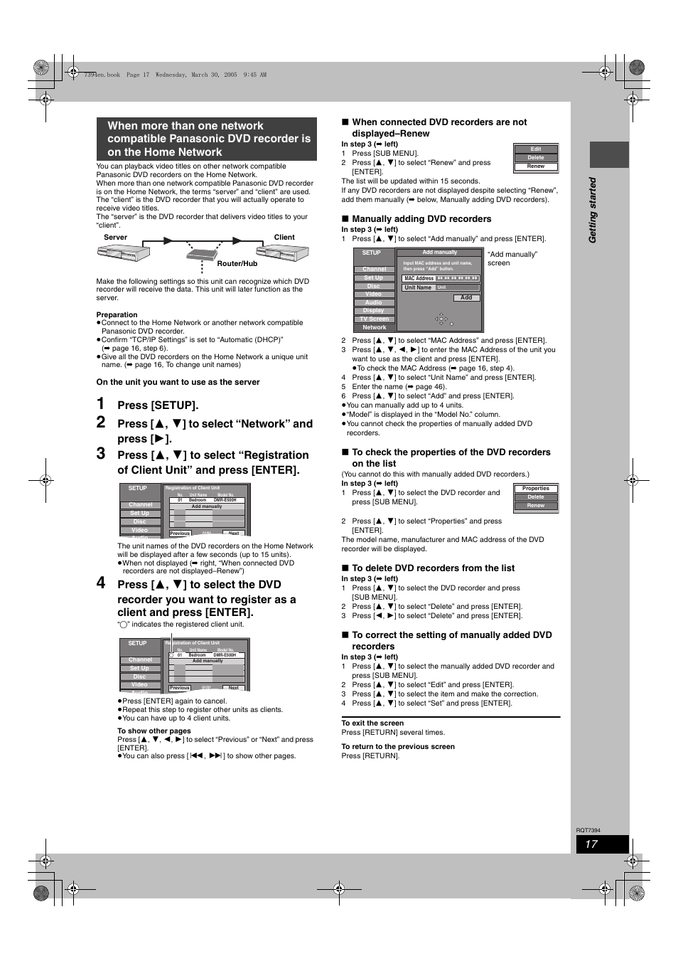 Press [setup, Press [ 3 , 4 ] to select “network” and press [ 1 | Panasonic DMR-E500H User Manual | Page 17 / 84